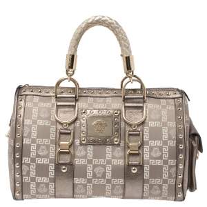 مملوكة مسبقًا Versace Beige/Metallic Fabric and Leather Snap Out Of It Satchel