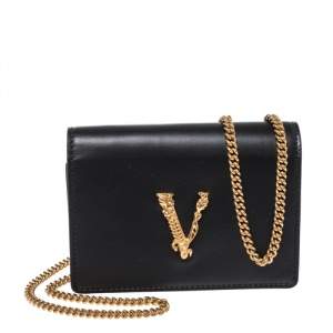 Pre Owned Versace Black Leather Mini Virtus Chain Wallet