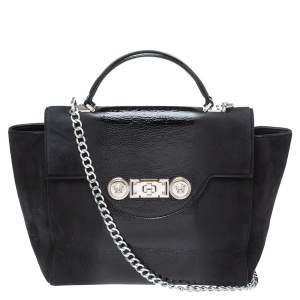 Versace Black Nubuck and Patent Leather Medusa Turnlock Tote