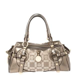 مملوكة مسبقًا Versace Metallic Grey Jacquard Fabric and Leather Medusa Bag