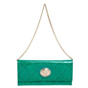 Pre Owned Versace Green Patent Leather Wallet On Chain