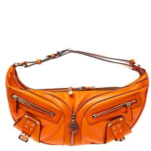 Versace Orange Leather Double Pocket Zip Hobo