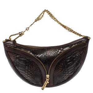 Versace Dark Brown Python Zip Detail Half Moon Hobo 