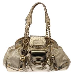 مملوكة مسبقًا Versace Gold Patent and Ostrich Embossed Leather Chain Link Satchel
