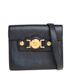 Pre Owned Versace Black Leather Medusa Buckle Flap Crossbody Bag