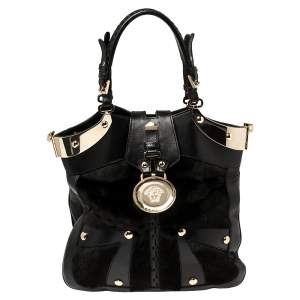 مملوكة مسبقًا Versace Black Fur And Leather Studded Satchel