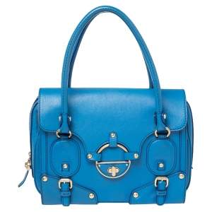 مملوكة مسبقًا Versace Blue Leather Buckle Embellished Satchel