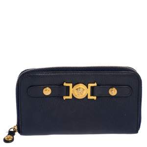 Pre Owned  Versace Blue Leather Medusa Zip Around Wallet