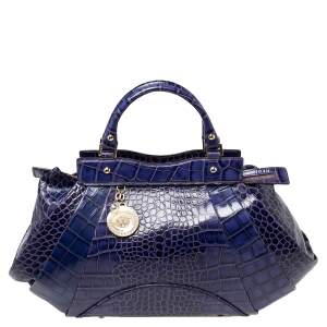 Pre Owned Versace Indigo Blue Croc Embossed Leather Logo Charm Satchel