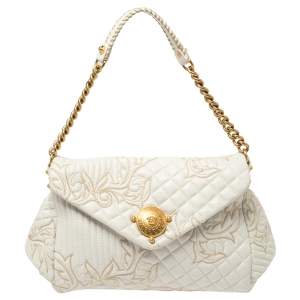 Pre Owned Versace White Quilted Leather Embroidered Barocco Shoulder Bag