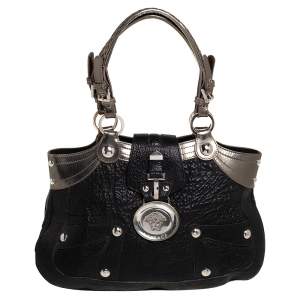 مملوكة مسبقًا Versace Black/Metallic Leather Medusa Plaque Flap Satchel 
