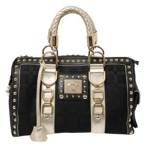 مملوكة مسبقًا Versace Black Monogram Fabric and Leather Snap Out Of It Satchel