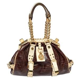 Pre Owned Versace Brown/Beige Croc Embossed Leather Madonna Satchel