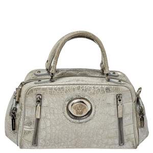 مملوكة مسبقًا Versace Silver Croc Embossed Leather Satchel