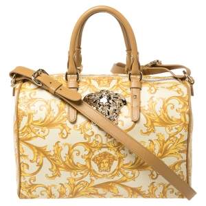 Pre Owned Versace Mustard/Beige Printed Coated Canvas and Leather Medusa Boston Bag