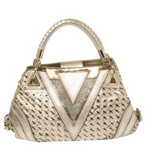 مملوكة مسبقًا Versace Metallic Gold Woven Leather Crystal Embellished V Satchel