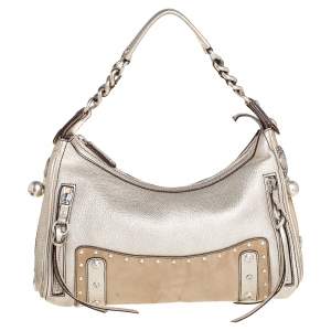 Versace Gold/Beige Leather and Suede Studded Hobo