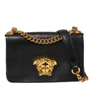 Pre Owned Versace Black Leather Palazzo Flap Chain Shoulder Bag