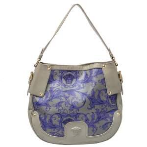 Versace Grey/Blue Majolica Print Leather Hobo 