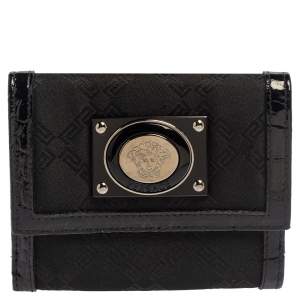 Pre Owned Versace Black Signature Nylon and Croc Embossed Patent Leather Flap Compact Wallet