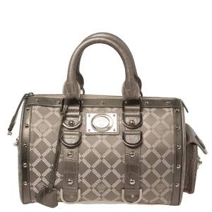 مملوكة مسبقًا Versace Metallic Grey Signature Canvas and Croc Embossed Leather Snap Out Of It Satchel