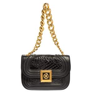 Pre Owned Versace Black Leather and Patent Leather Chain Flap Shoulder Bag