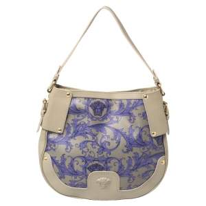 Versace Grey/Purple Majolica Print Leather Hobo 