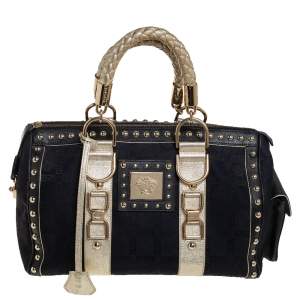 مملوكة مسبقًا Versace Black Monogram Fabric and Leather Snap Out Of It Satchel