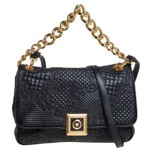Pre Owned Versace Black Barocco Leather Flap Shoulder Bag
