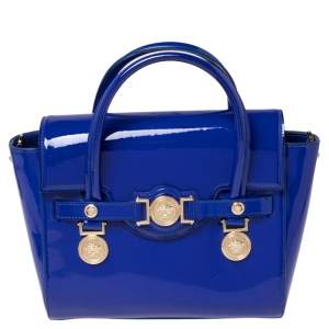 Pre Owned Versace Blue Patent Leather Medium Medusa Medallion Tote