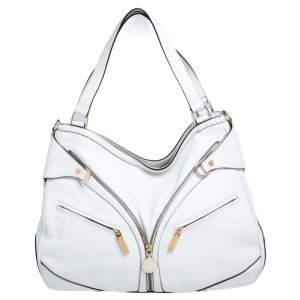 Versace White Pebbled Leather Biker Hobo
