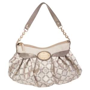 Versace Gold Monogram Fabric and Leather Logo Plate Hobo