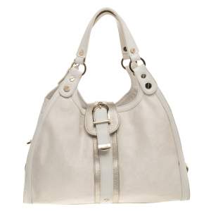 Versace White Signature Canvas And Leather Buckle Hobo