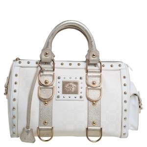 Pre Owned Versace Off White/Gold Monogram Fabric and Leather Snap Out Of It Satchel
