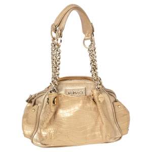 Versace Gold Croc Embossed Leather and Leather Chain Link Satchel