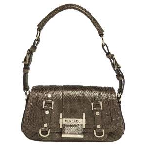 Pre Owned Versace Brown Python Small Flap Shoulder Bag
