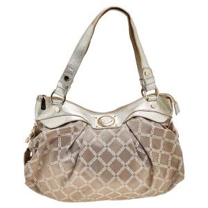 Versace Gold Monogram Fabric And Leather Logo Plate Hobo
