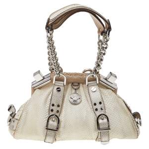 Pre Owned Versace White, Metallic Gold Snakeskin And Leather Medusa Satchel