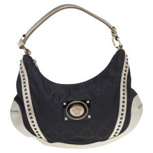Versace Metallic Silver/Black Signature Canvas And Leather Studded Hobo