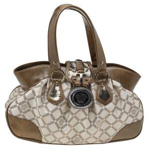 Pre Owned Versace Metallic Gold/Cream Signature Canvas And Leather Shoulder Bag