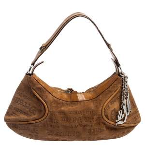 Pre Owned Versace Tan Logo Embossed Suede and Leather Charm Baguette Bag