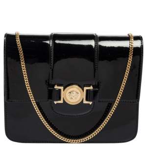 Pre Owned Versace Black Patent Leather Young Medusa Chain Crossbody Bag