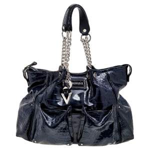 Versace Navy Blue Croc Embossed Patent Leather Chain Satchel