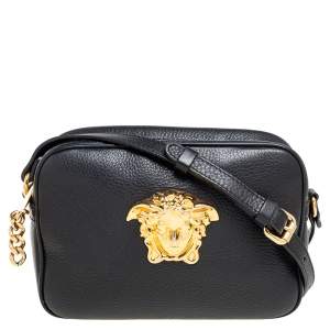 Pre Owned Versace Black Leather Medusa Crossbody Bag 