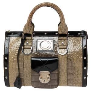 Pre Owned Versace Black/Brown Ombre Croc Embossed Patent Leather Boston Bag