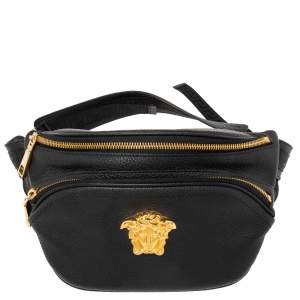 Versace Black Leather Medusa Double Zip Belt Bag