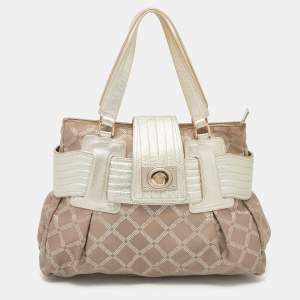 Versace Gold Signature Fabric and Leather Medusa Buckle Satchel