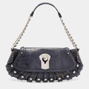 Pre Owned Versace Navy Blue/Black Croc Embossed and Patent Leather Shoulder Bag