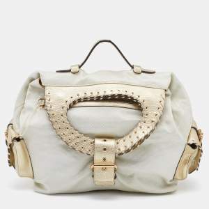 Versace Metallic Light Beige/Gold Technical Fabric and Leather Satchel