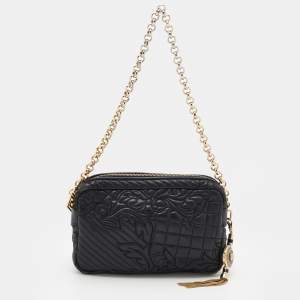 Pre Owned Versace Black Leather Barocco Vanitas Zip Shoulder Bag